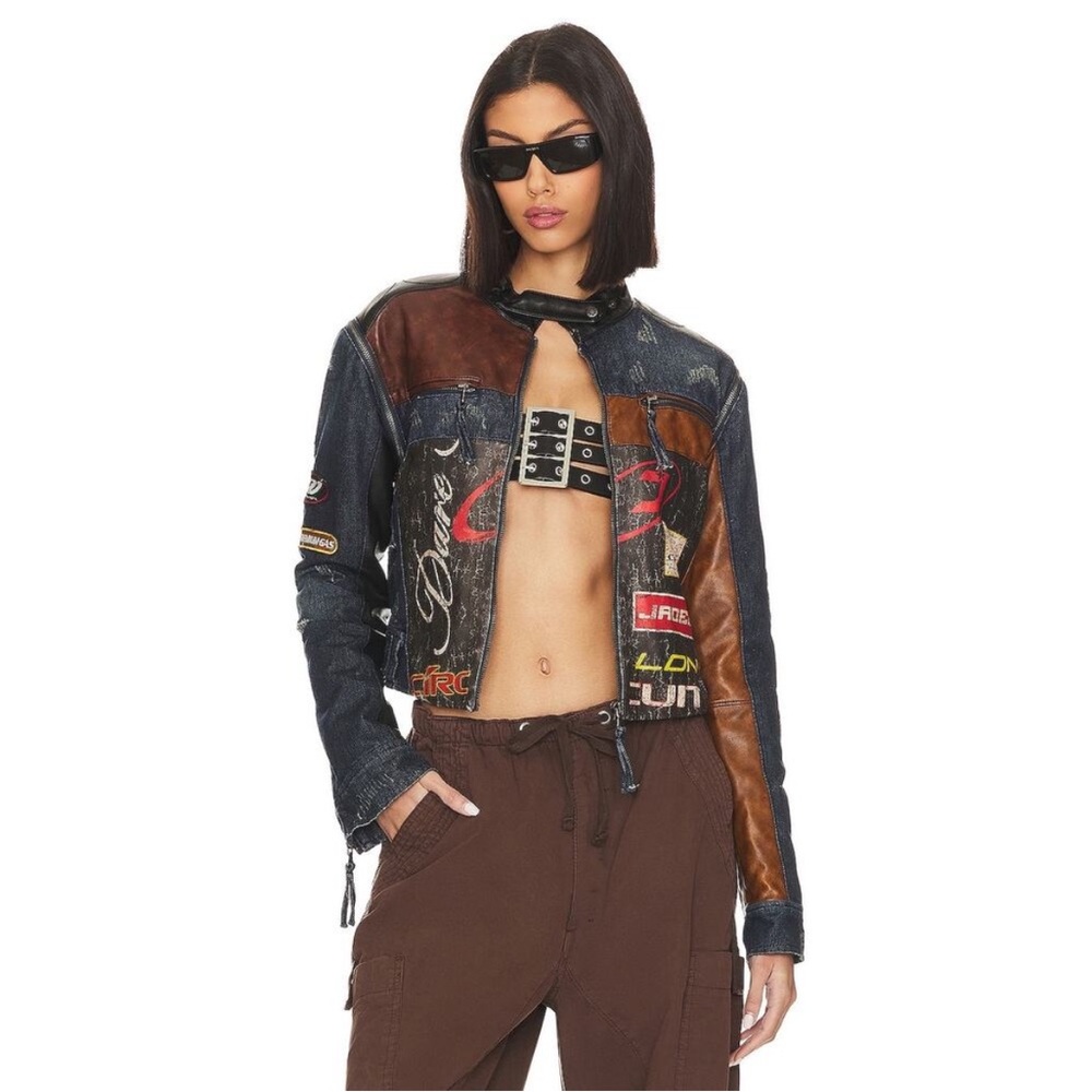Jaded London Patchwork Dark Denim and Brown Leather Racing Jacket